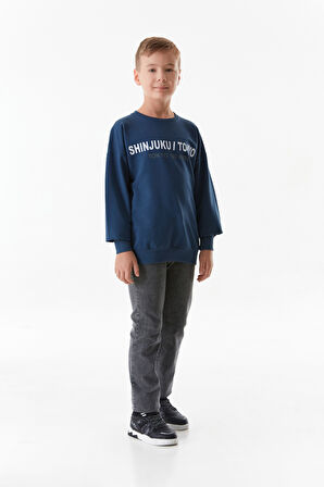 Tokyo Yazı Baskılı Bisiklet Yaka Erkek Çocuk Sweatshirt