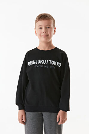 Tokyo Yazı Baskılı Bisiklet Yaka Erkek Çocuk Sweatshirt