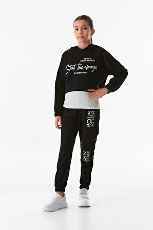 Yazı Baskılı Kapüşonlu Jogger 3 Lü Kız Çocuk Takım