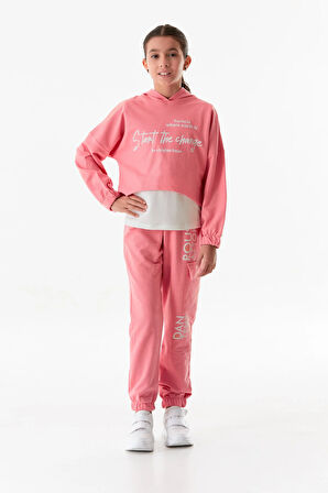 Yazı Baskılı Kapüşonlu Jogger 3 Lü Kız Çocuk Takım