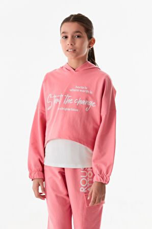 Yazı Baskılı Kapüşonlu Jogger 3 Lü Kız Çocuk Takım