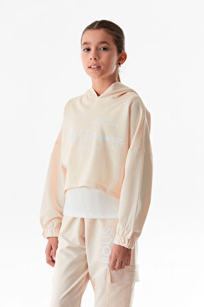 Yazı Baskılı Kapüşonlu Jogger 3 Lü Kız Çocuk Takım