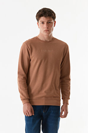 Yazı Baskılı Waffle Kumaş Bisiklet Yaka Sweatshirt