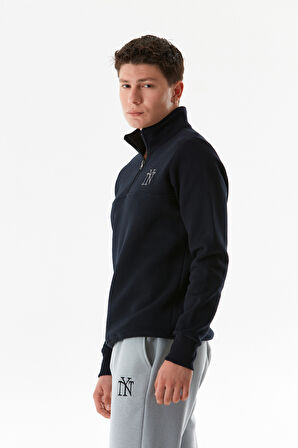 Ny Nakışlı Yarım Fermuarlı Dik Yaka Sweatshirt