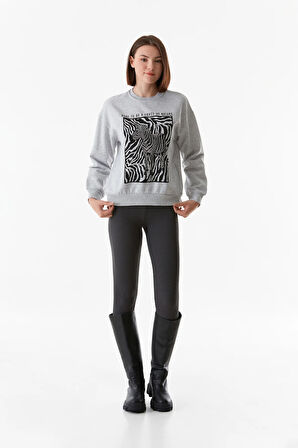 3 İplik Zebra Baskılı Bisiklet Yaka Sweatshirt