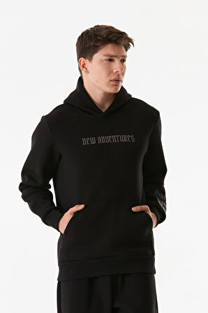 3 İplik Yazı Nakışlı Kanguru Cepli Kapüşonlu Sweatshirt