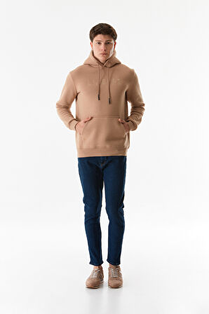 3 İplik Yazı Nakışlı Kanguru Cepli Kapüşonlu Sweatshirt