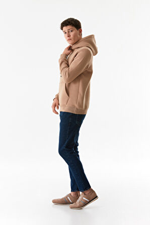 3 İplik Yazı Nakışlı Kanguru Cepli Kapüşonlu Sweatshirt