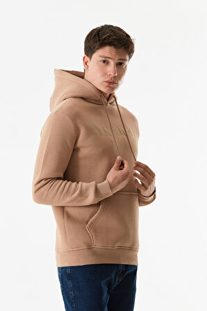 3 İplik Yazı Nakışlı Kanguru Cepli Kapüşonlu Sweatshirt