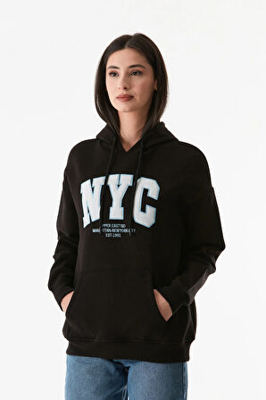 3 İplik Nyc Baskılı Kanguru Cepli Kapüşonlu Sweatshirt Hoodie