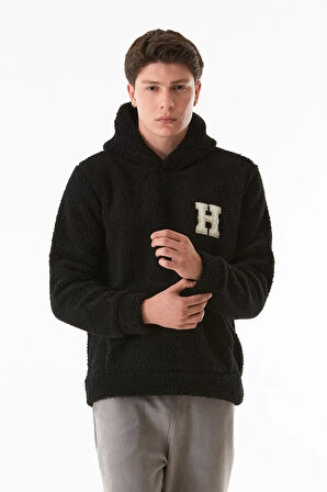 Nakışlı Kapüşonlu Kanguru Cepli Peluş Sweatshirt