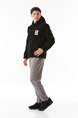 Nakışlı Kapüşonlu Kanguru Cepli Peluş Sweatshirt