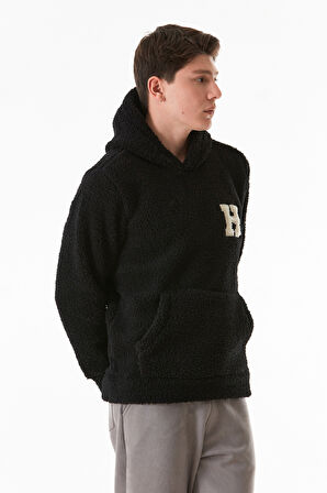 Nakışlı Kapüşonlu Kanguru Cepli Peluş Sweatshirt
