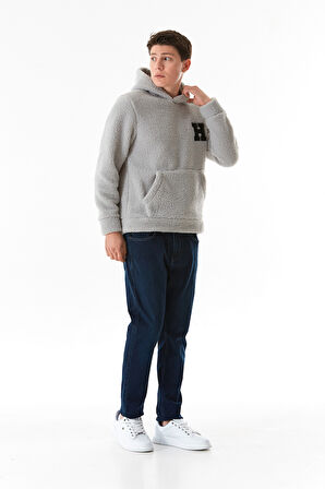 Nakışlı Kapüşonlu Kanguru Cepli Peluş Sweatshirt