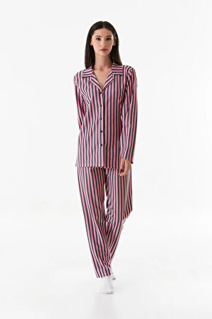 Çizgili Gömlek Yaka Süet Pijama Takımı