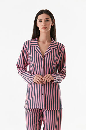 Çizgili Gömlek Yaka Süet Pijama Takımı