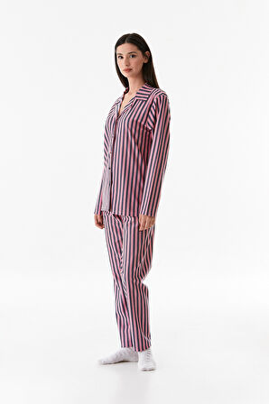 Çizgili Gömlek Yaka Süet Pijama Takımı