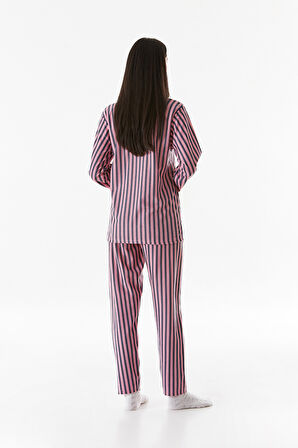 Çizgili Gömlek Yaka Süet Pijama Takımı