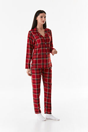 Çizgili Gömlek Yaka Süet Pijama Takımı