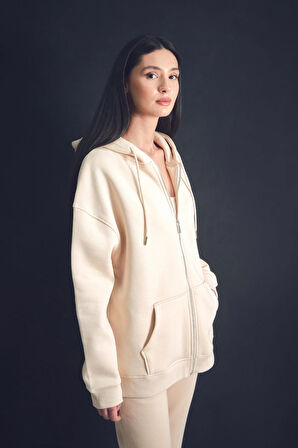 3 İplik Basic Fermuarlı Kapüşonlu Oversize Sweatshirt