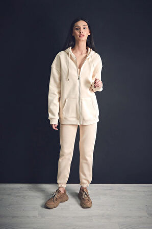 3 İplik Basic Fermuarlı Kapüşonlu Oversize Sweatshirt