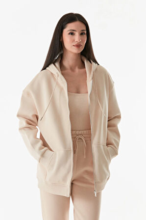 3 İplik Basic Fermuarlı Kapüşonlu Oversize Sweatshirt