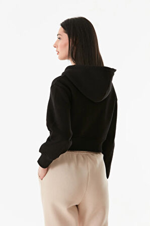 3 İplik Basic Kapüşonlu Crop Sweatshirt Hoodie