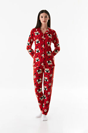 Kalp Desenli Gömlek Yaka Süet Pijama Takımı