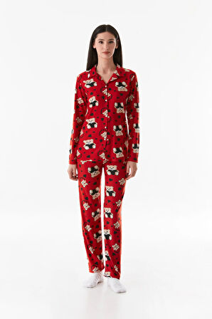 Kalp Desenli Gömlek Yaka Süet Pijama Takımı