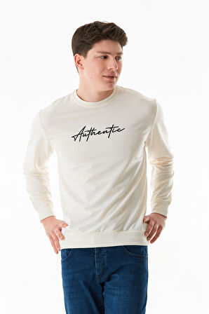 Yazı Nakışlı Bisiklet Yaka Sweatshirt