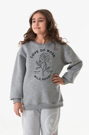 3 İplik Yazı Baskılı Bisiklet Yaka Kız Çocuk Sweatshirt