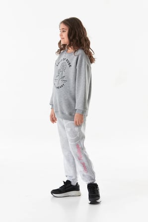3 İplik Yazı Baskılı Bisiklet Yaka Kız Çocuk Sweatshirt