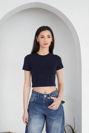 Basic Bisiklet Yaka Crop Tişört