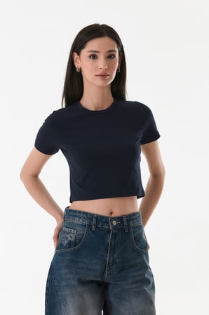 Basic Bisiklet Yaka Crop Tişört