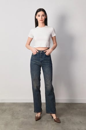 Basic Bisiklet Yaka Crop Tişört