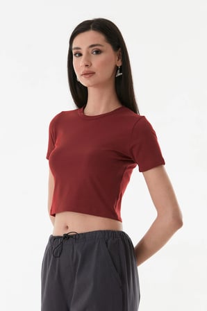 Basic Bisiklet Yaka Crop Tişört