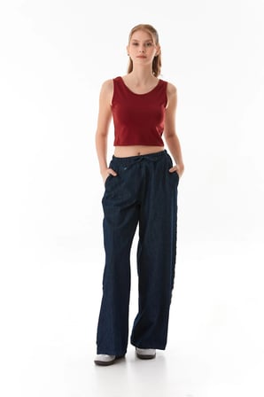 Beli Bağlamalı Yanları Şeritli Wide Leg Jean