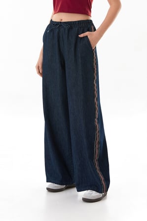 Beli Bağlamalı Yanları Şeritli Wide Leg Jean