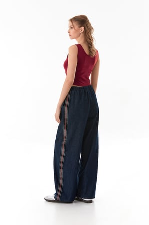 Beli Bağlamalı Yanları Şeritli Wide Leg Jean