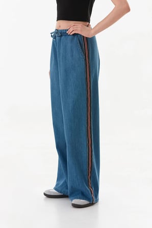 Beli Bağlamalı Yanları Şeritli Wide Leg Jean