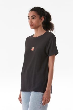 Ayıcık Nakışlı Bürümcük Kumaş Oversize Tişört