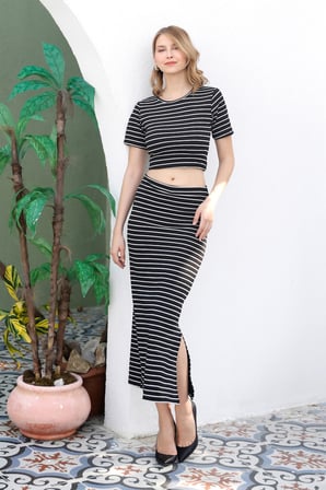 Çizgili Bisiklet Yaka Crop Takım