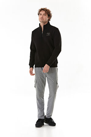 Ny Nakışlı Yarım Fermuarlı Dik Yaka Sweatshirt