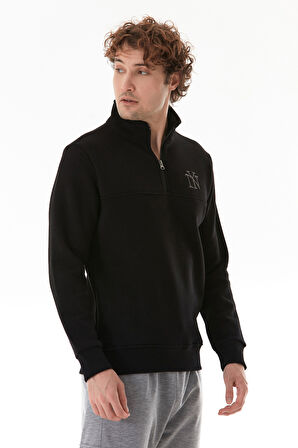 Ny Nakışlı Yarım Fermuarlı Dik Yaka Sweatshirt