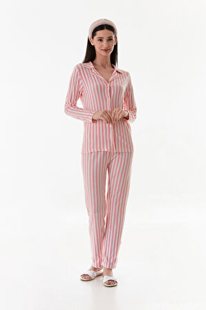 Kalp Desenli Gömlek Yaka Süet Pijama Takımı