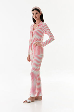 Kalp Desenli Gömlek Yaka Süet Pijama Takımı