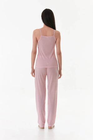 İnce Çizgili Askılı Dantelli Pijama Takımı