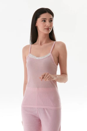 İnce Çizgili Askılı Dantelli Pijama Takımı