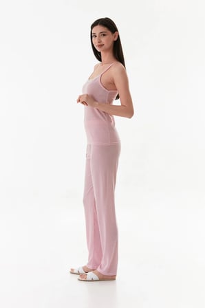 İnce Çizgili Askılı Dantelli Pijama Takımı