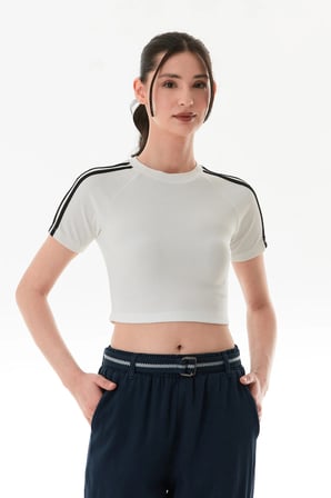 Fitilli Kolları Şeritli Crop Tişört